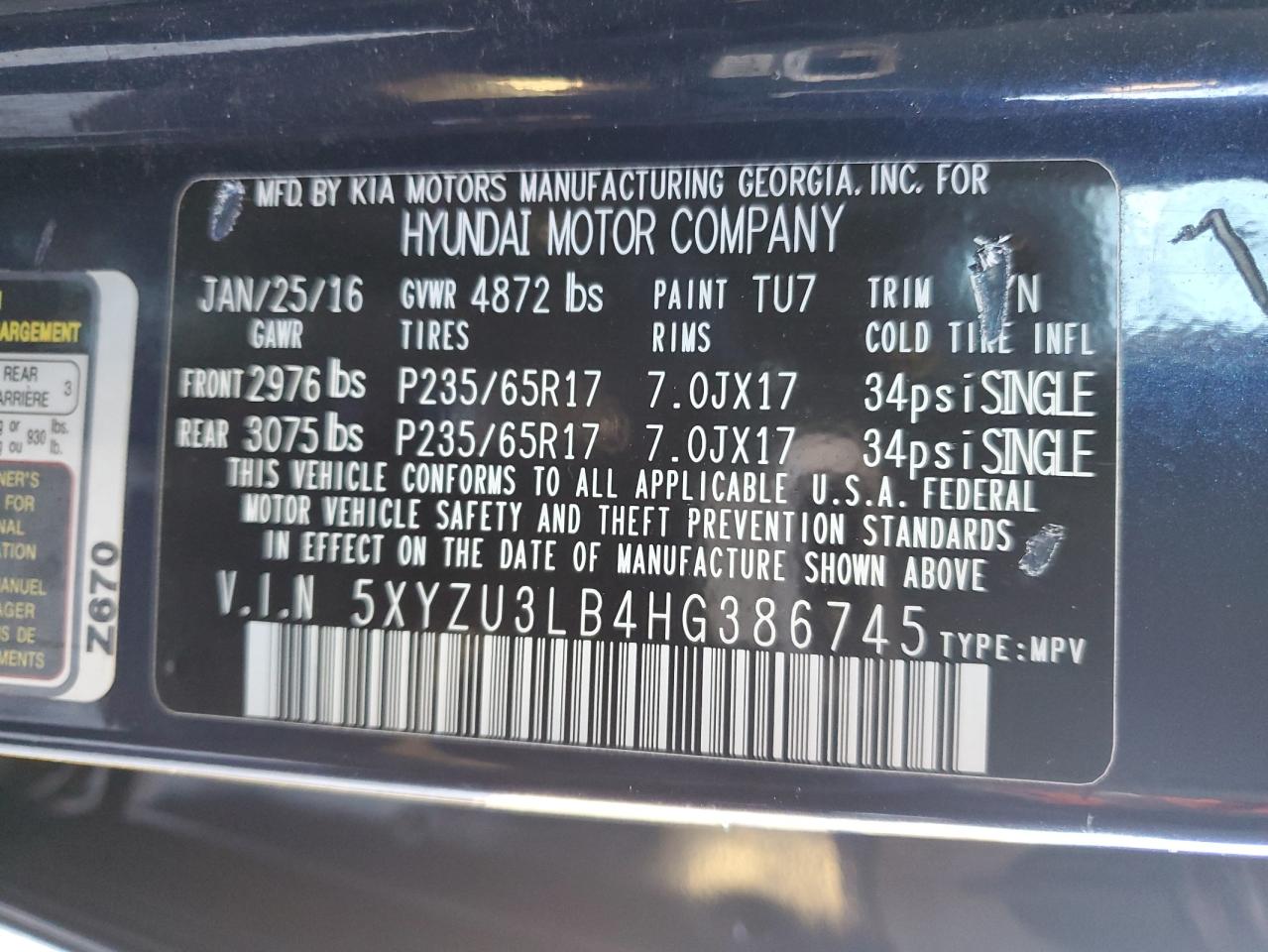 Photo 11 VIN: 5XYZU3LB4HG386745 - HYUNDAI SANTA FE 