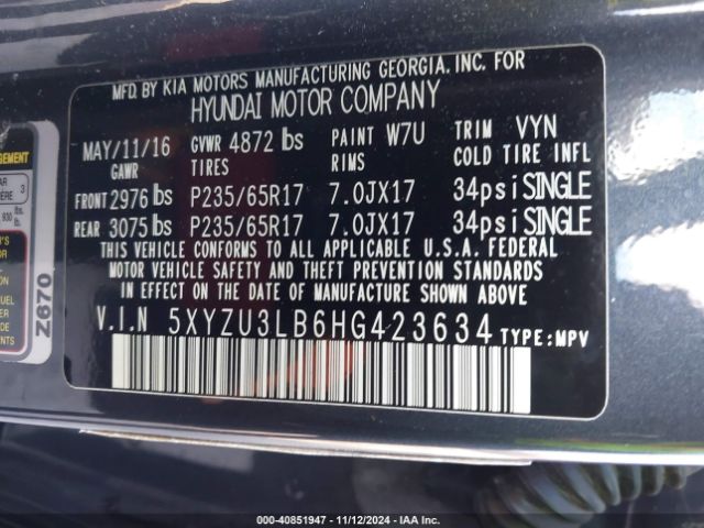 Photo 8 VIN: 5XYZU3LB6HG423634 - HYUNDAI SANTA FE 