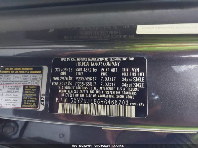 Photo 8 VIN: 5XYZU3LB6HG468203 - HYUNDAI SANTA FE 