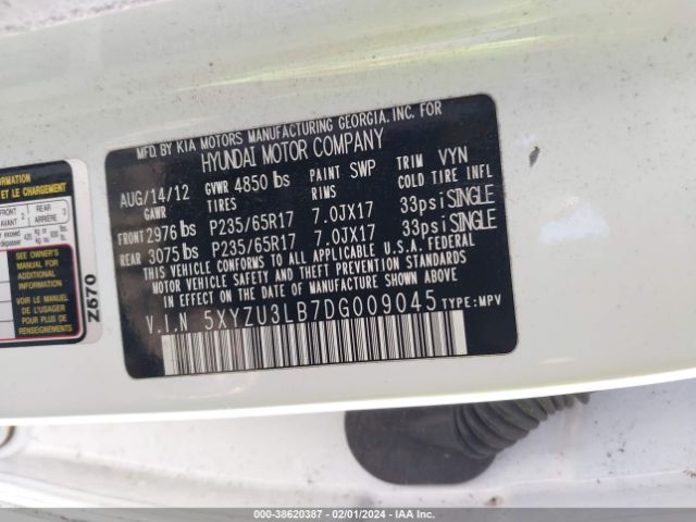 Photo 8 VIN: 5XYZU3LB7DG009045 - HYUNDAI SANTA FE 