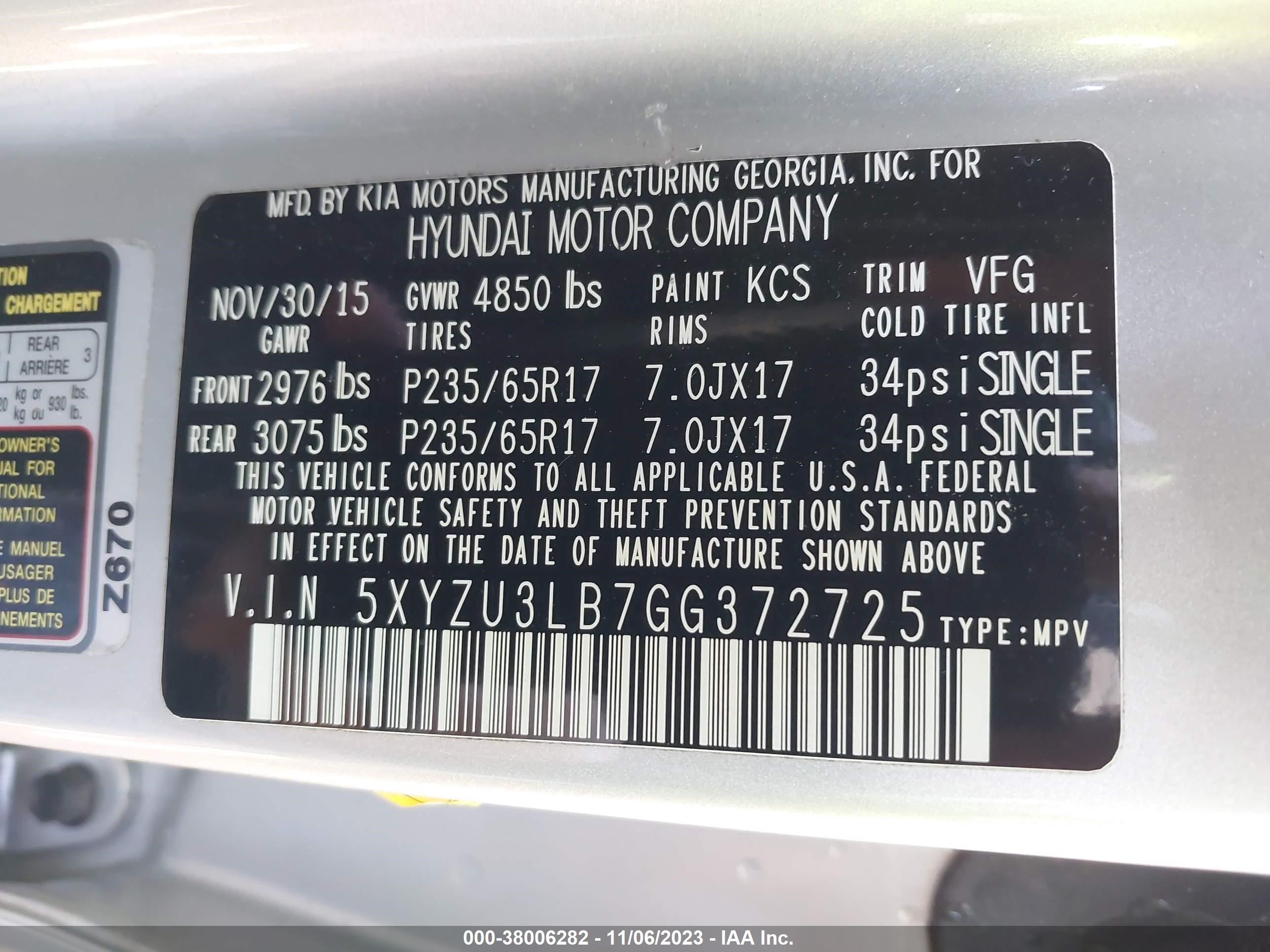 Photo 8 VIN: 5XYZU3LB7GG372725 - HYUNDAI SANTA FE 