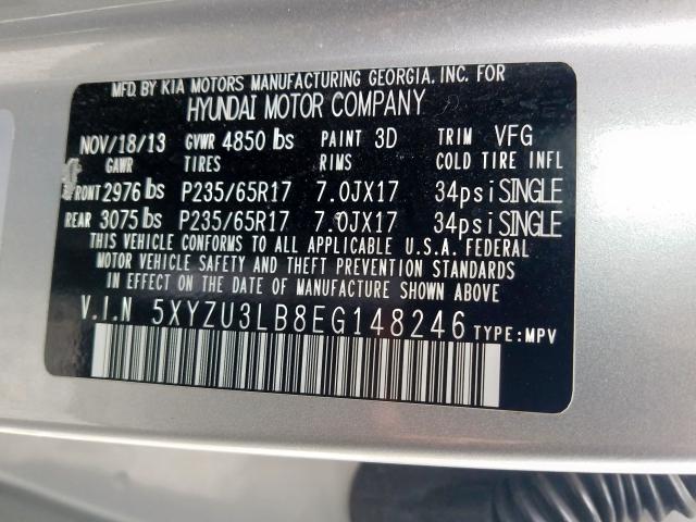 Photo 9 VIN: 5XYZU3LB8EG148246 - HYUNDAI SANTA FE S 