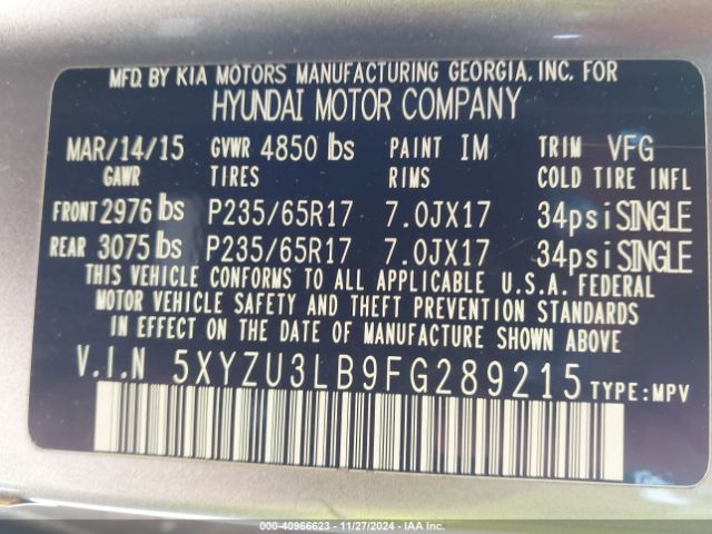 Photo 8 VIN: 5XYZU3LB9FG289215 - HYUNDAI SANTA FE 