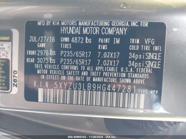 Photo 8 VIN: 5XYZU3LB9HG447281 - HYUNDAI SANTA FE 