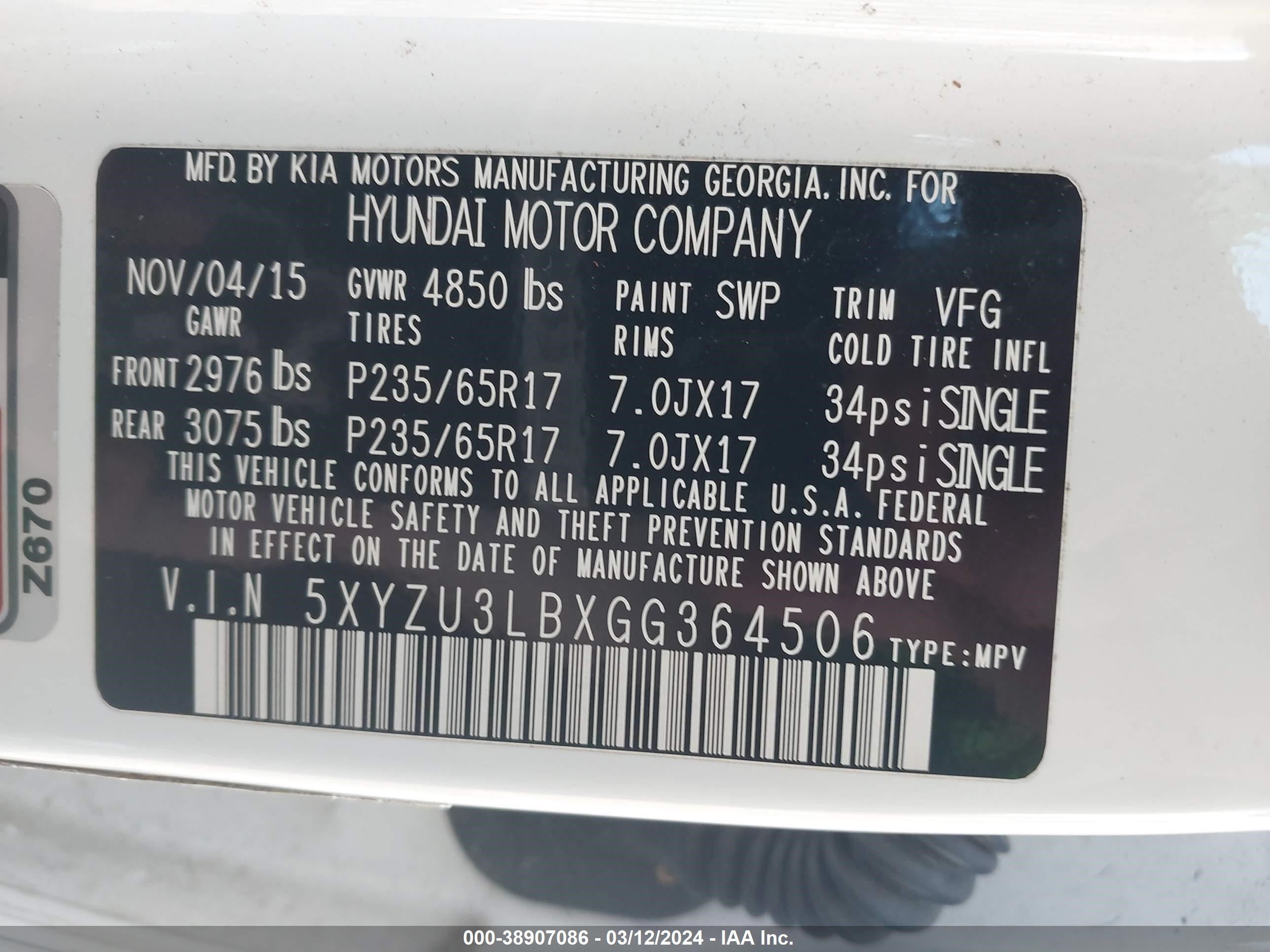 Photo 8 VIN: 5XYZU3LBXGG364506 - HYUNDAI SANTA FE 