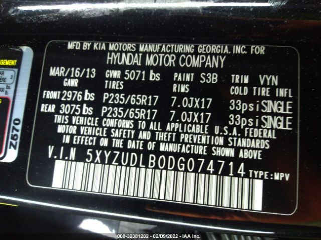 Photo 8 VIN: 5XYZUDLB0DG074714 - HYUNDAI SANTA FE 