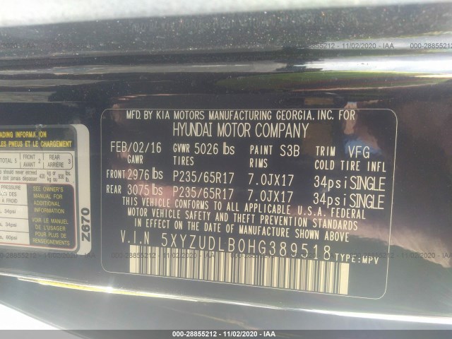 Photo 8 VIN: 5XYZUDLB0HG389518 - HYUNDAI SANTA-FE 