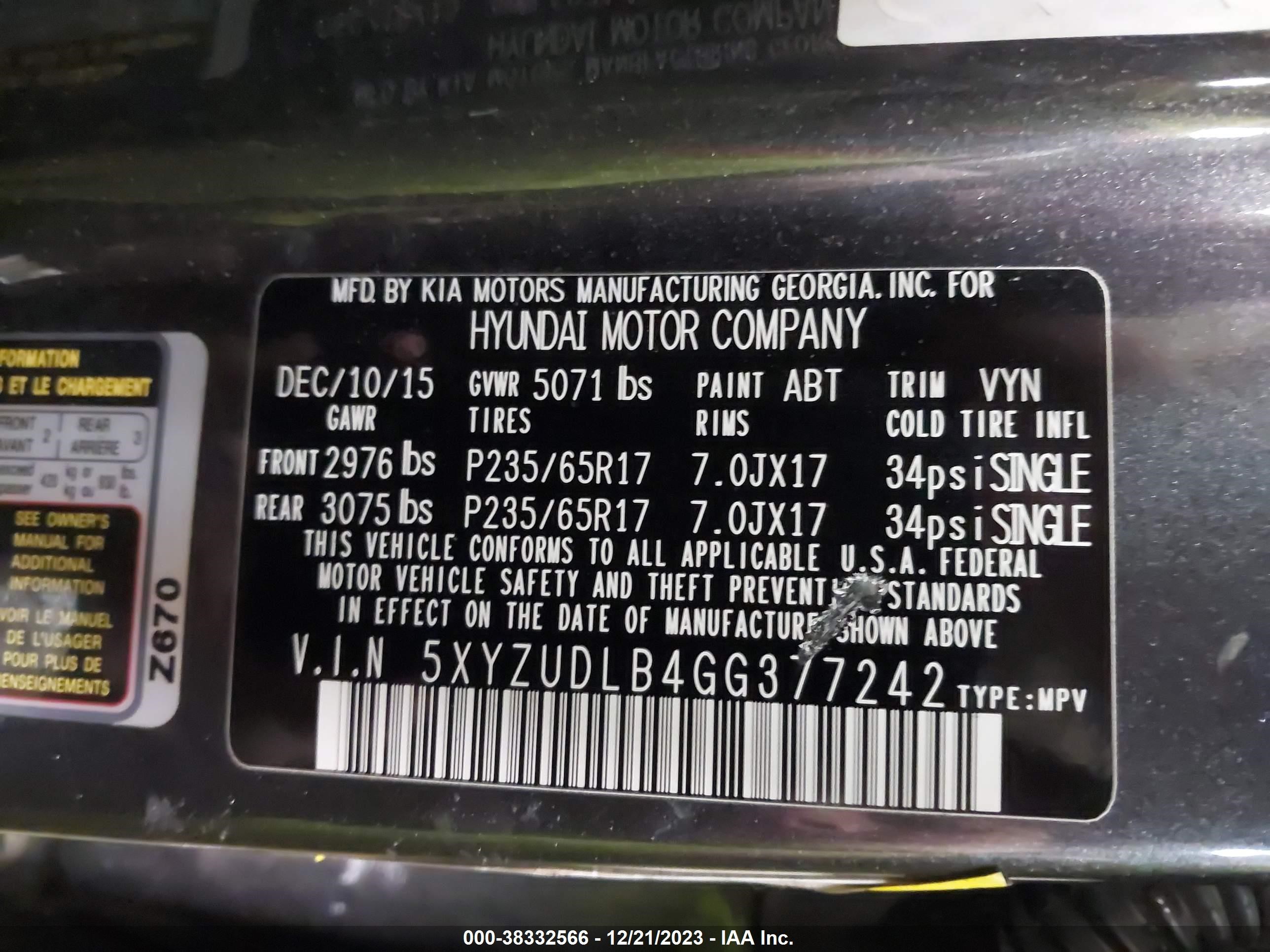 Photo 8 VIN: 5XYZUDLB4GG377242 - HYUNDAI SANTA FE 