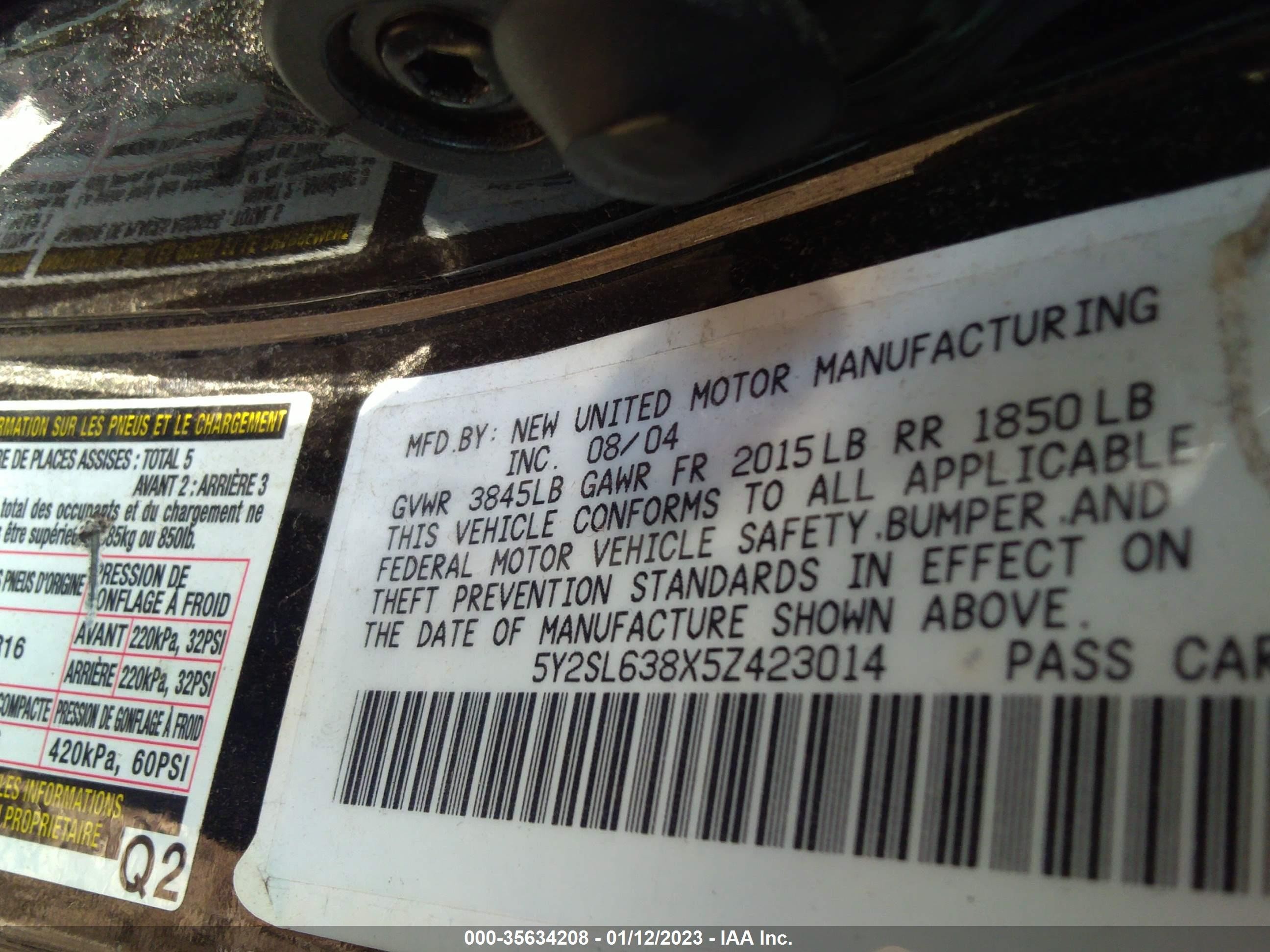 Photo 8 VIN: 5Y2SL638X5Z423014 - PONTIAC VIBE 