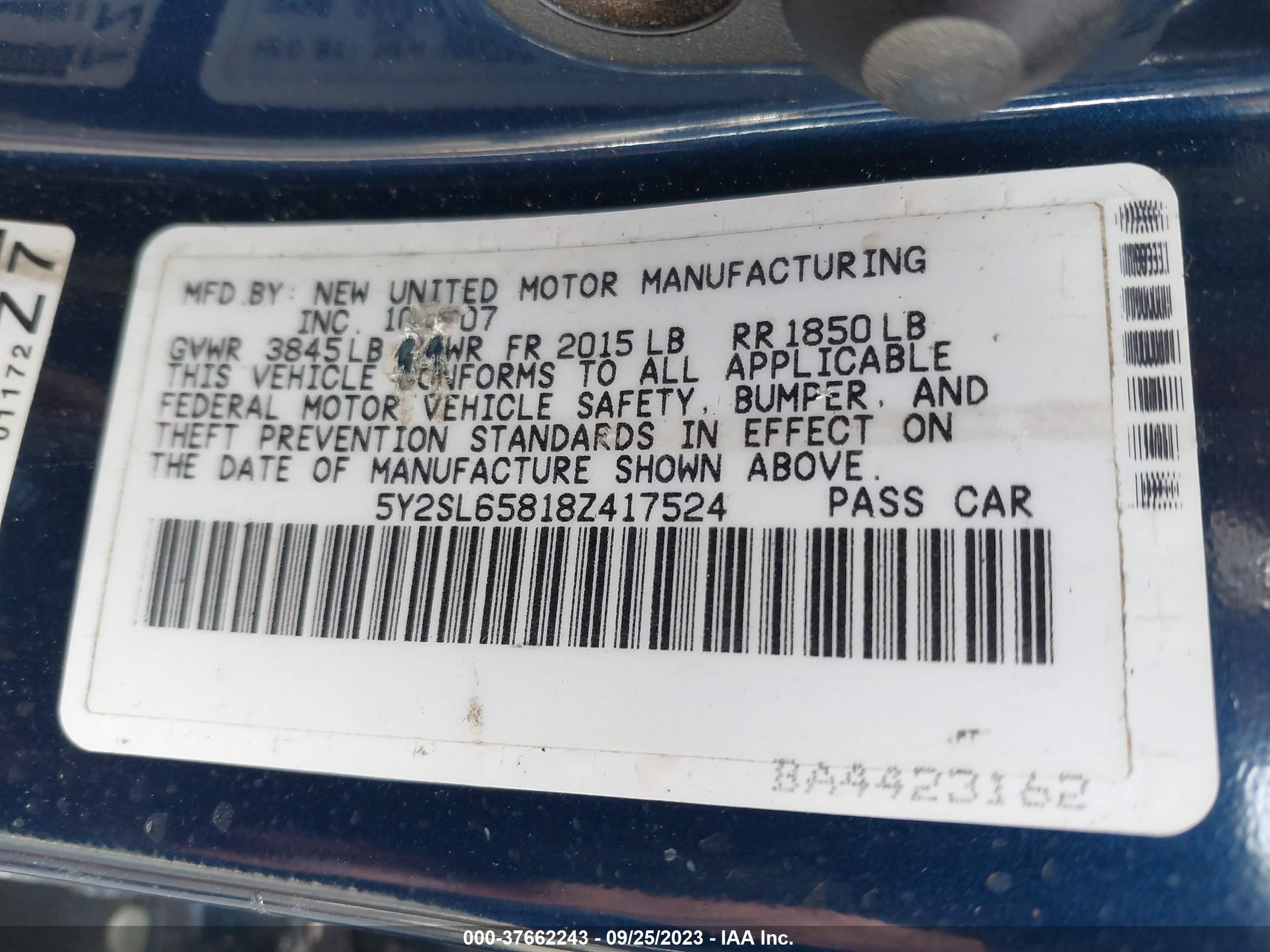 Photo 8 VIN: 5Y2SL65818Z417524 - PONTIAC VIBE 