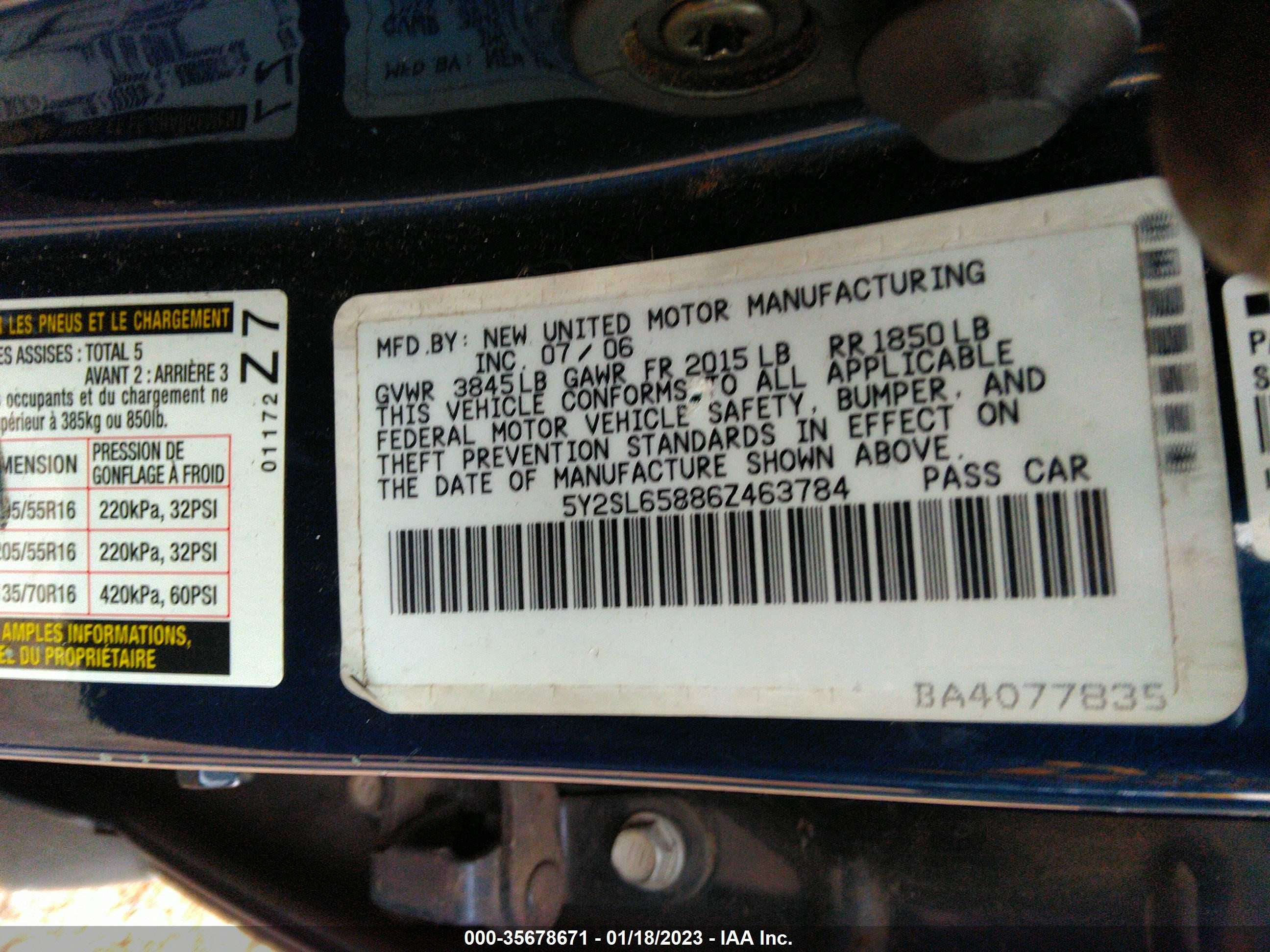 Photo 8 VIN: 5Y2SL65886Z463784 - PONTIAC VIBE 