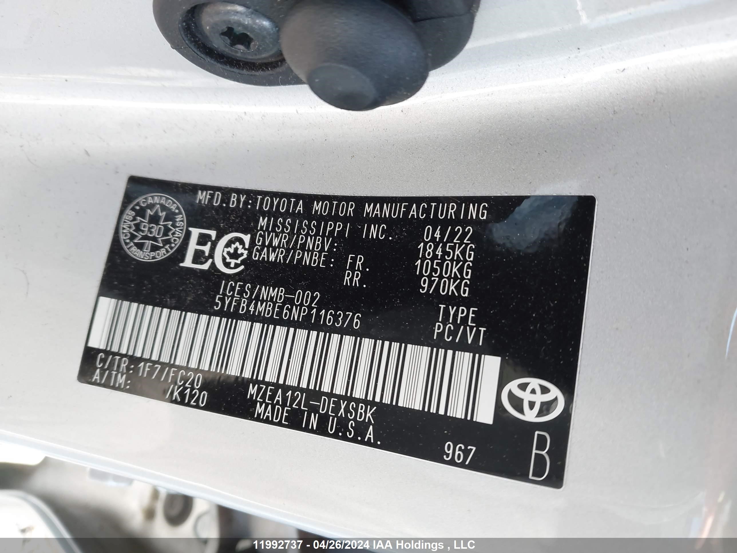 Photo 8 VIN: 5YFB4MBE6NP116376 - TOYOTA COROLLA 