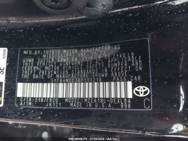 Photo 8 VIN: 5YFB4MDE3RP111218 - TOYOTA COROLLA 