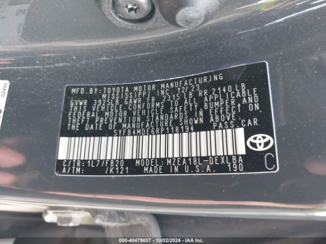 Photo 8 VIN: 5YFB4MDE6RP118194 - TOYOTA COROLLA 