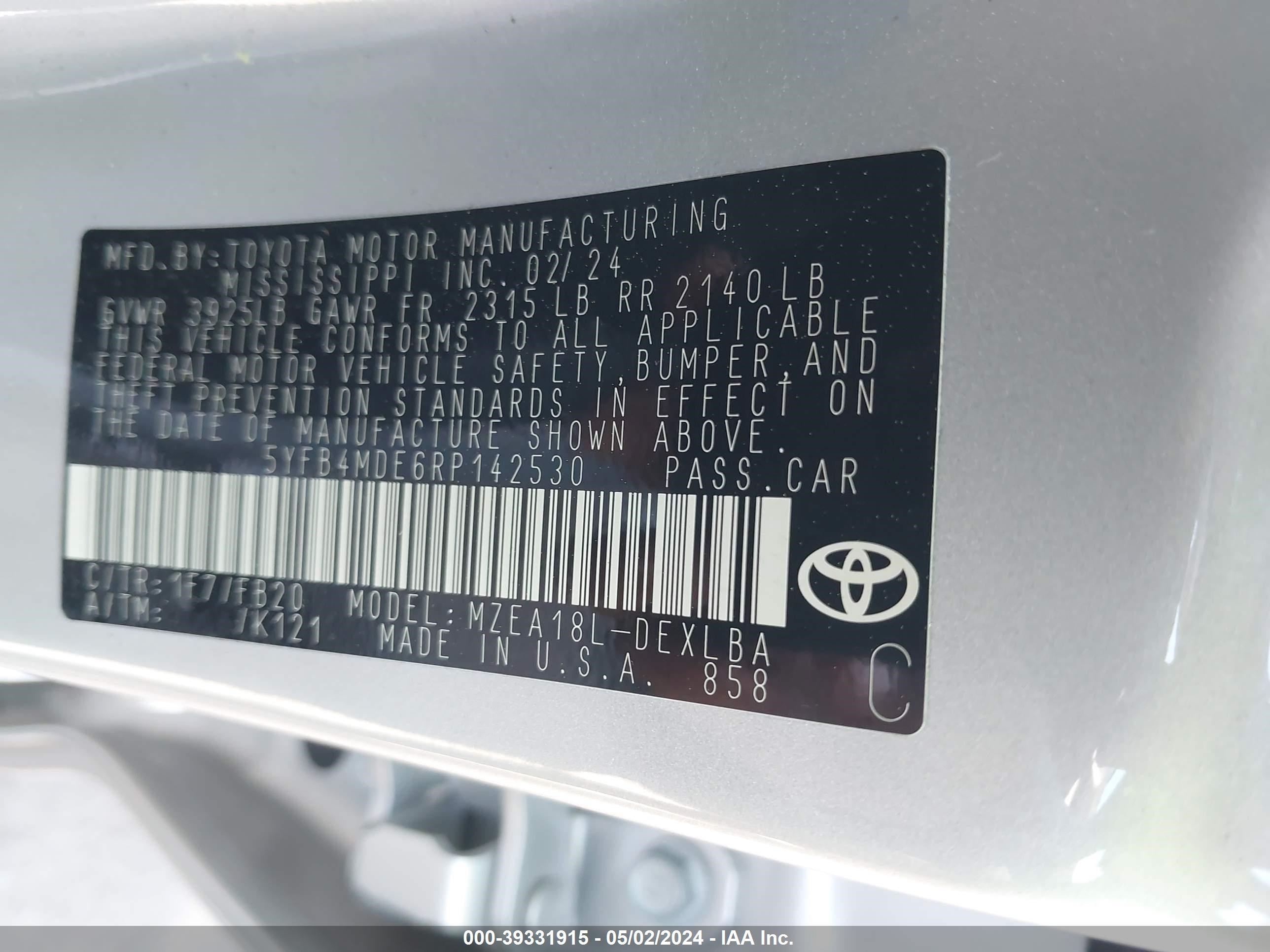 Photo 8 VIN: 5YFB4MDE6RP142530 - TOYOTA COROLLA 