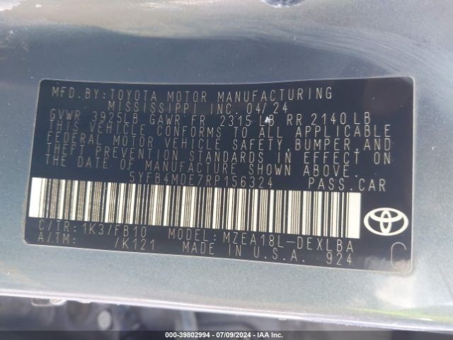 Photo 8 VIN: 5YFB4MDE7RP156324 - TOYOTA COROLLA 