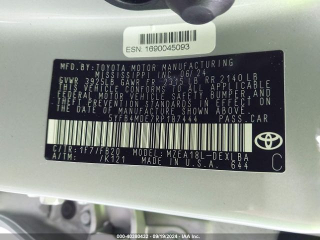 Photo 8 VIN: 5YFB4MDE7RP187444 - TOYOTA COROLLA 