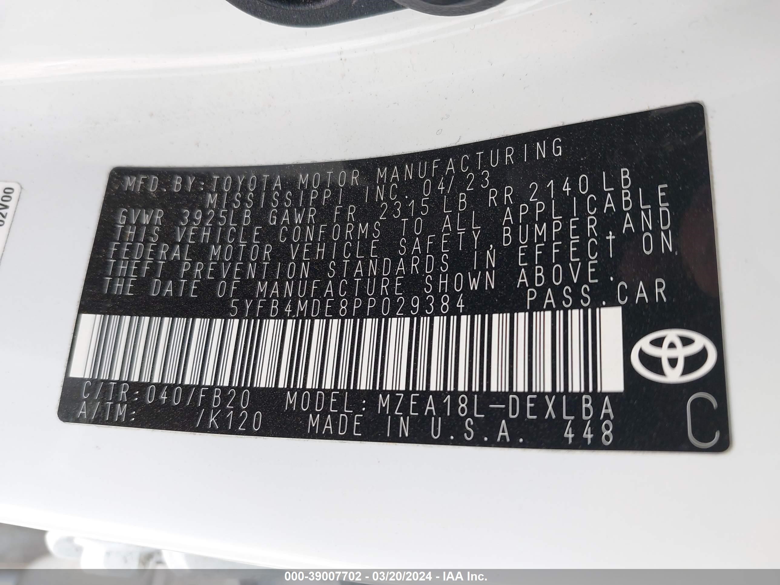 Photo 8 VIN: 5YFB4MDE8PP029384 - TOYOTA COROLLA 