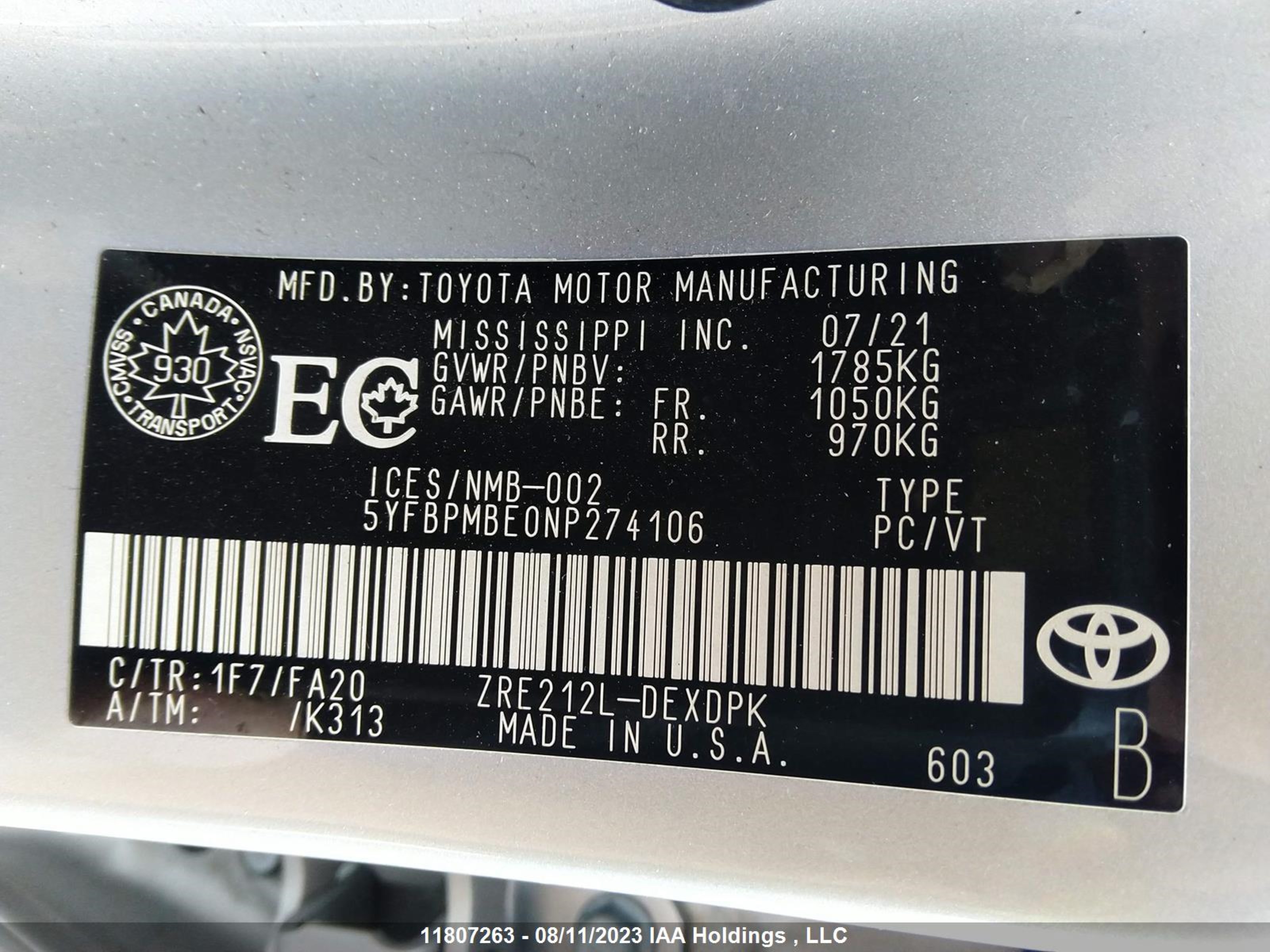 Photo 8 VIN: 5YFBPMBE0NP274106 - TOYOTA COROLLA 