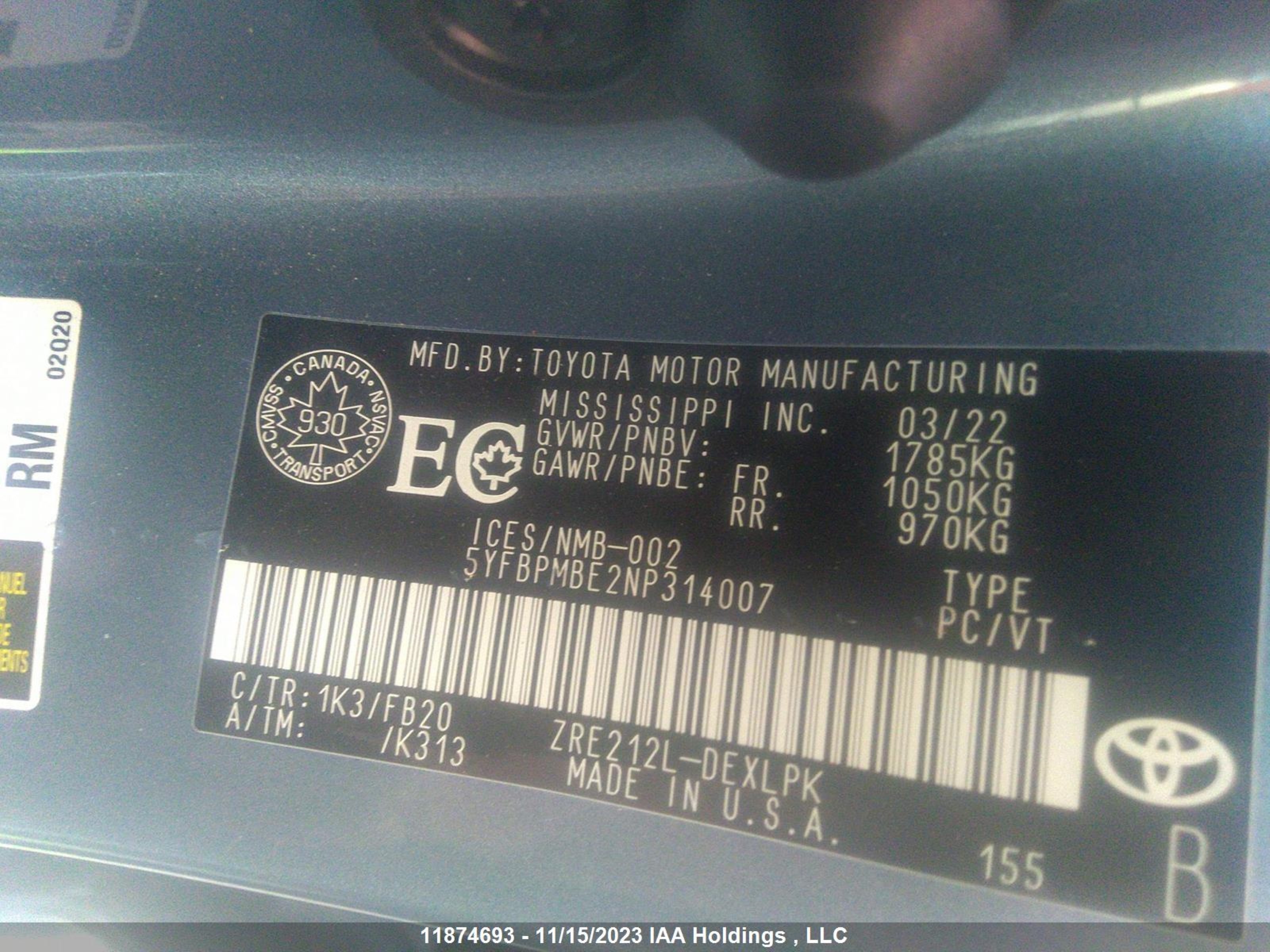 Photo 8 VIN: 5YFBPMBE2NP314007 - TOYOTA COROLLA 