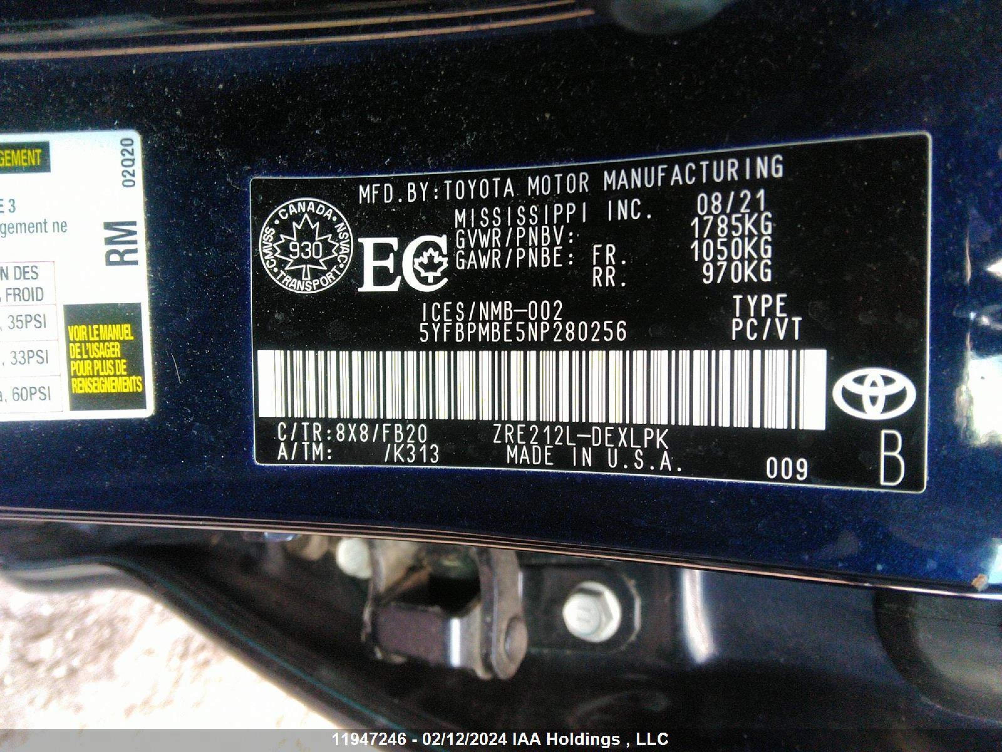 Photo 8 VIN: 5YFBPMBE5NP280256 - TOYOTA COROLLA 