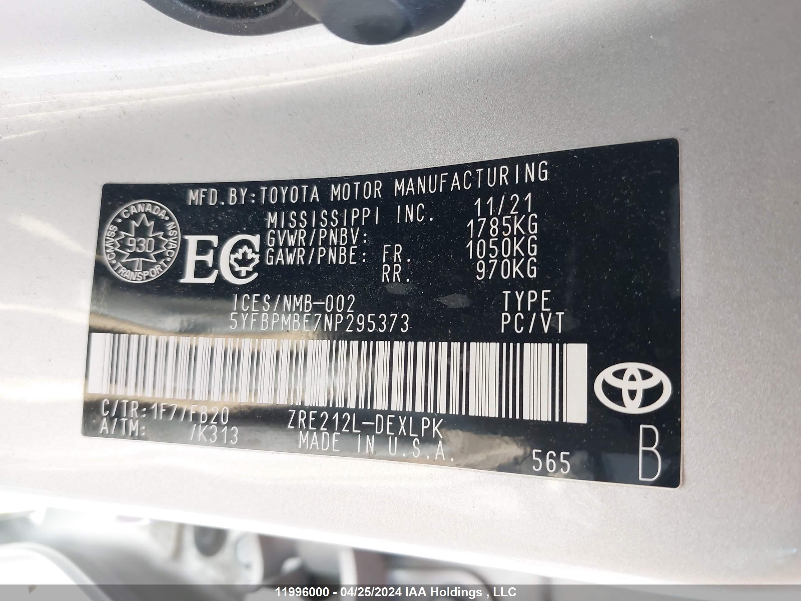 Photo 8 VIN: 5YFBPMBE7NP295373 - TOYOTA COROLLA 