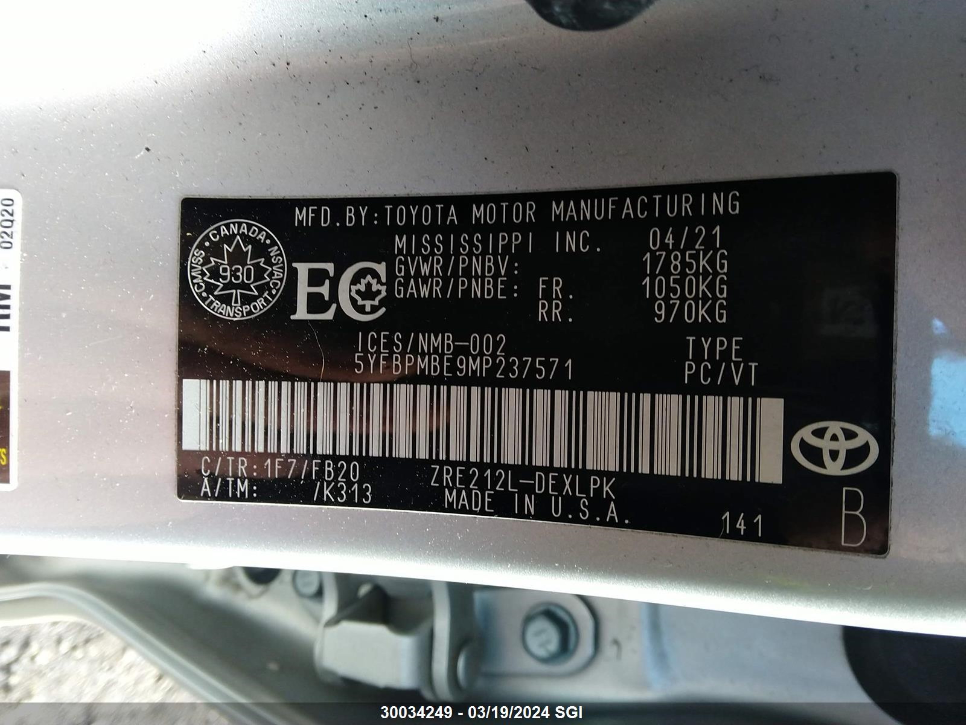 Photo 8 VIN: 5YFBPMBE9MP237571 - TOYOTA COROLLA 