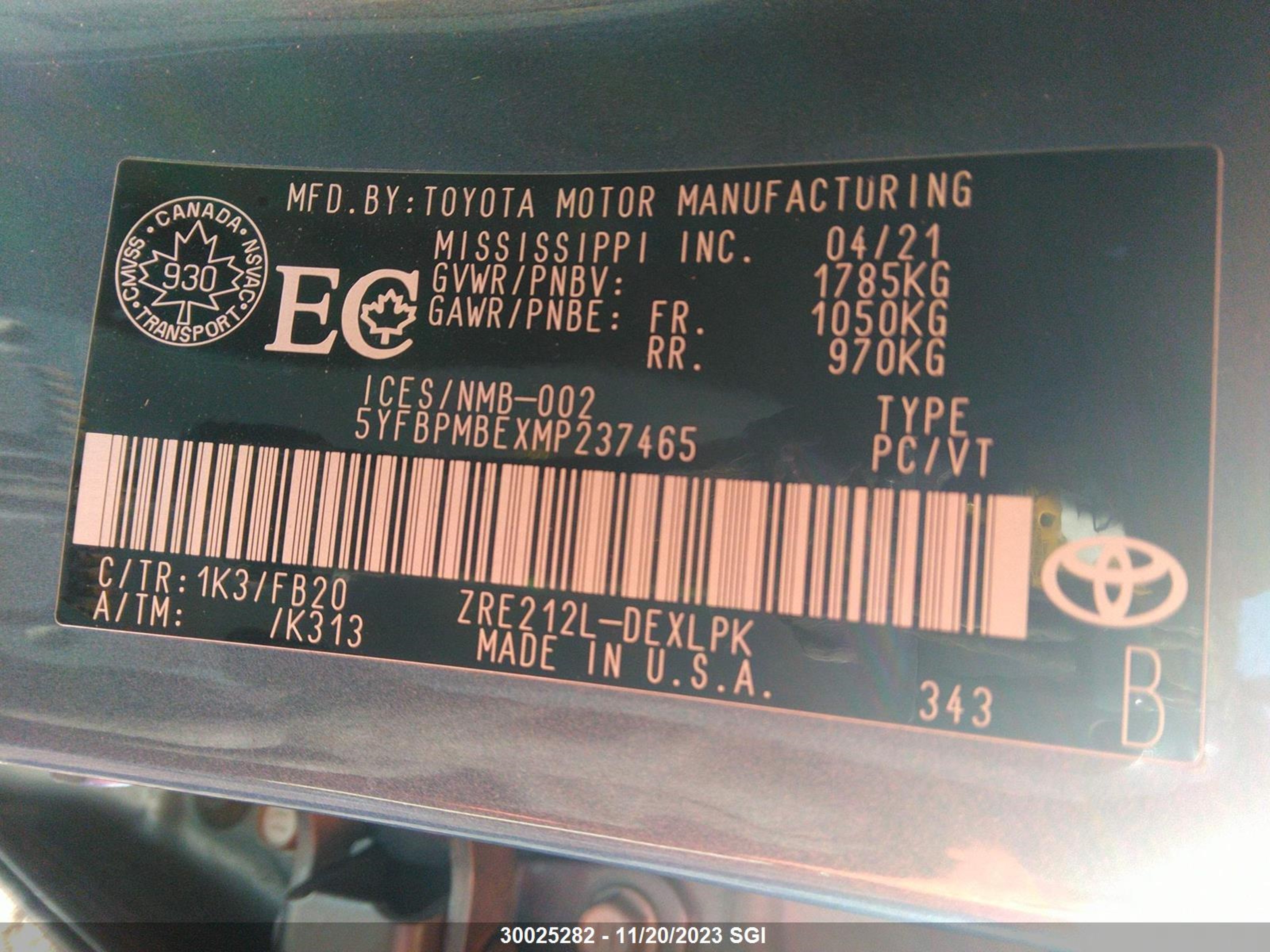 Photo 8 VIN: 5YFBPMBEXMP237465 - TOYOTA COROLLA 