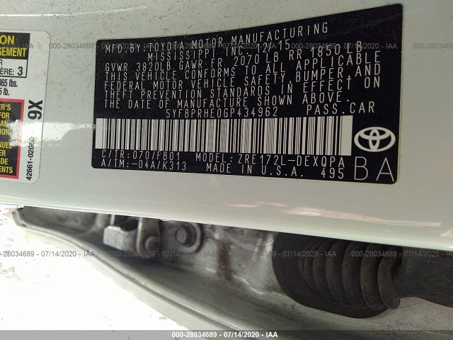 Photo 8 VIN: 5YFBPRHE0GP434962 - TOYOTA COROLLA 