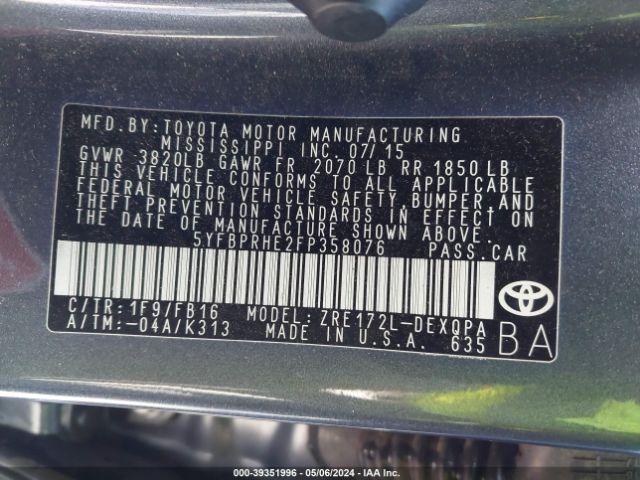 Photo 8 VIN: 5YFBPRHE2FP358076 - TOYOTA COROLLA 