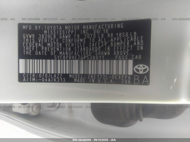 Photo 8 VIN: 5YFBPRHE7GP538011 - TOYOTA COROLLA 