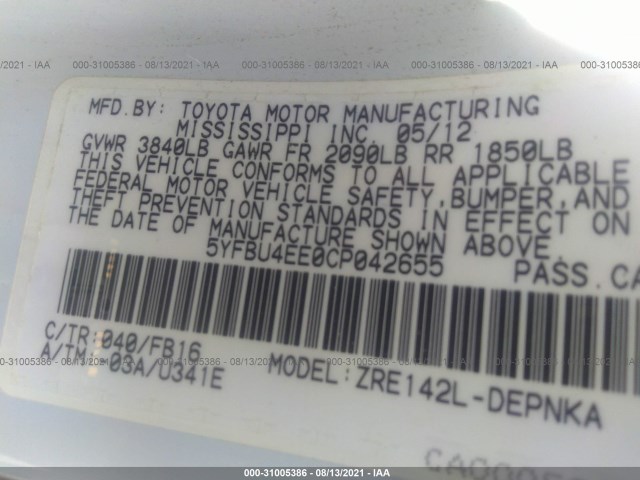 Photo 8 VIN: 5YFBU4EE0CP042655 - TOYOTA COROLLA 