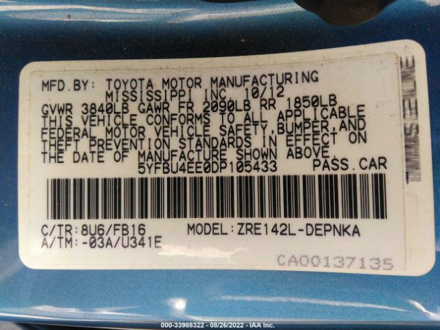 Photo 8 VIN: 5YFBU4EE0DP105433 - TOYOTA COROLLA 