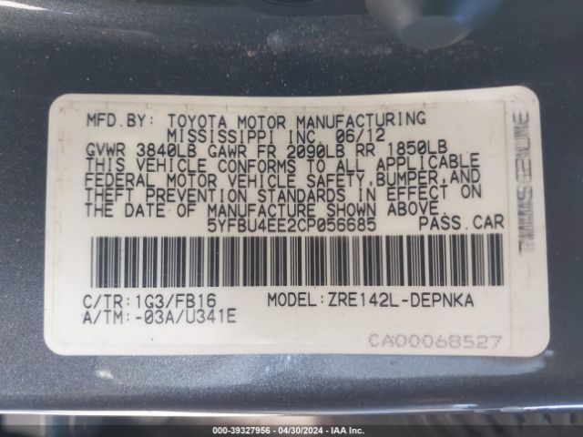 Photo 8 VIN: 5YFBU4EE2CP056685 - TOYOTA COROLLA 