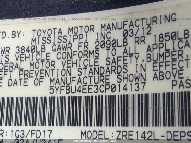 Photo 8 VIN: 5YFBU4EE3CP014137 - TOYOTA COROLLA 