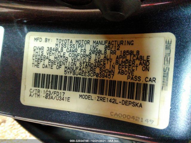 Photo 8 VIN: 5YFBU4EE3CP039457 - TOYOTA COROLLA 