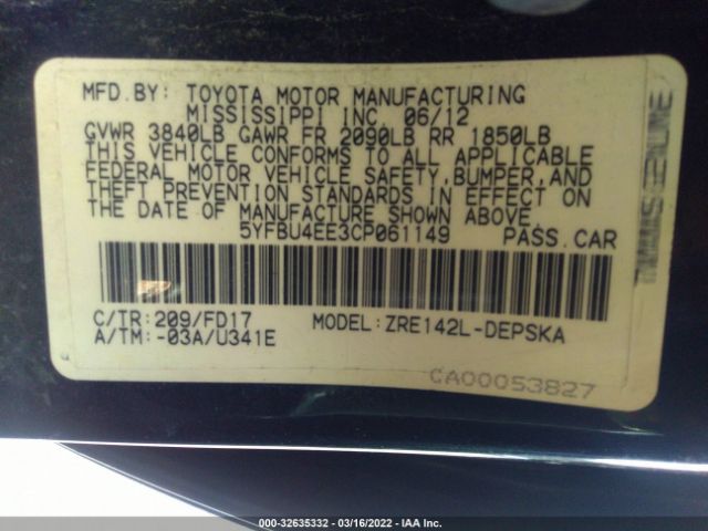 Photo 8 VIN: 5YFBU4EE3CP061149 - TOYOTA COROLLA 