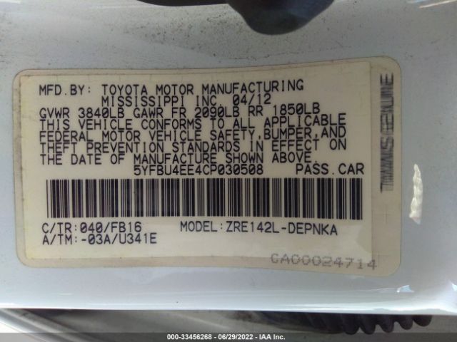 Photo 8 VIN: 5YFBU4EE4CP030508 - TOYOTA COROLLA 