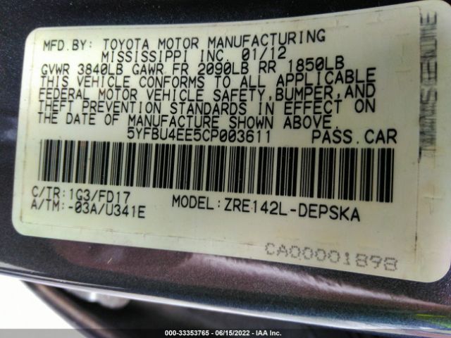 Photo 8 VIN: 5YFBU4EE5CP003611 - TOYOTA COROLLA 