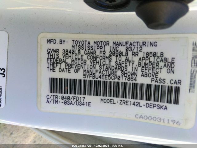 Photo 8 VIN: 5YFBU4EE5CP017864 - TOYOTA COROLLA 