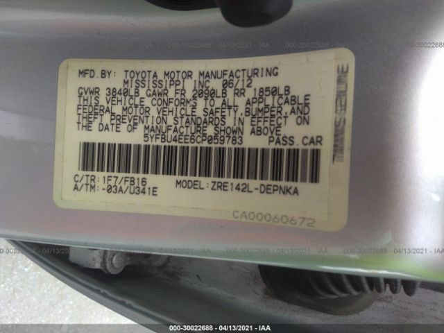 Photo 8 VIN: 5YFBU4EE6CP059783 - TOYOTA COROLLA 