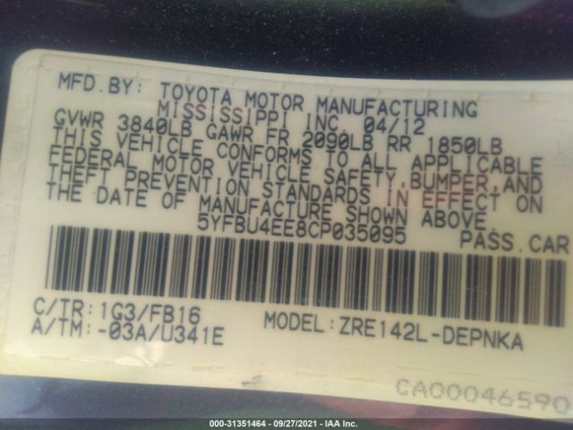 Photo 8 VIN: 5YFBU4EE8CP035095 - TOYOTA COROLLA 