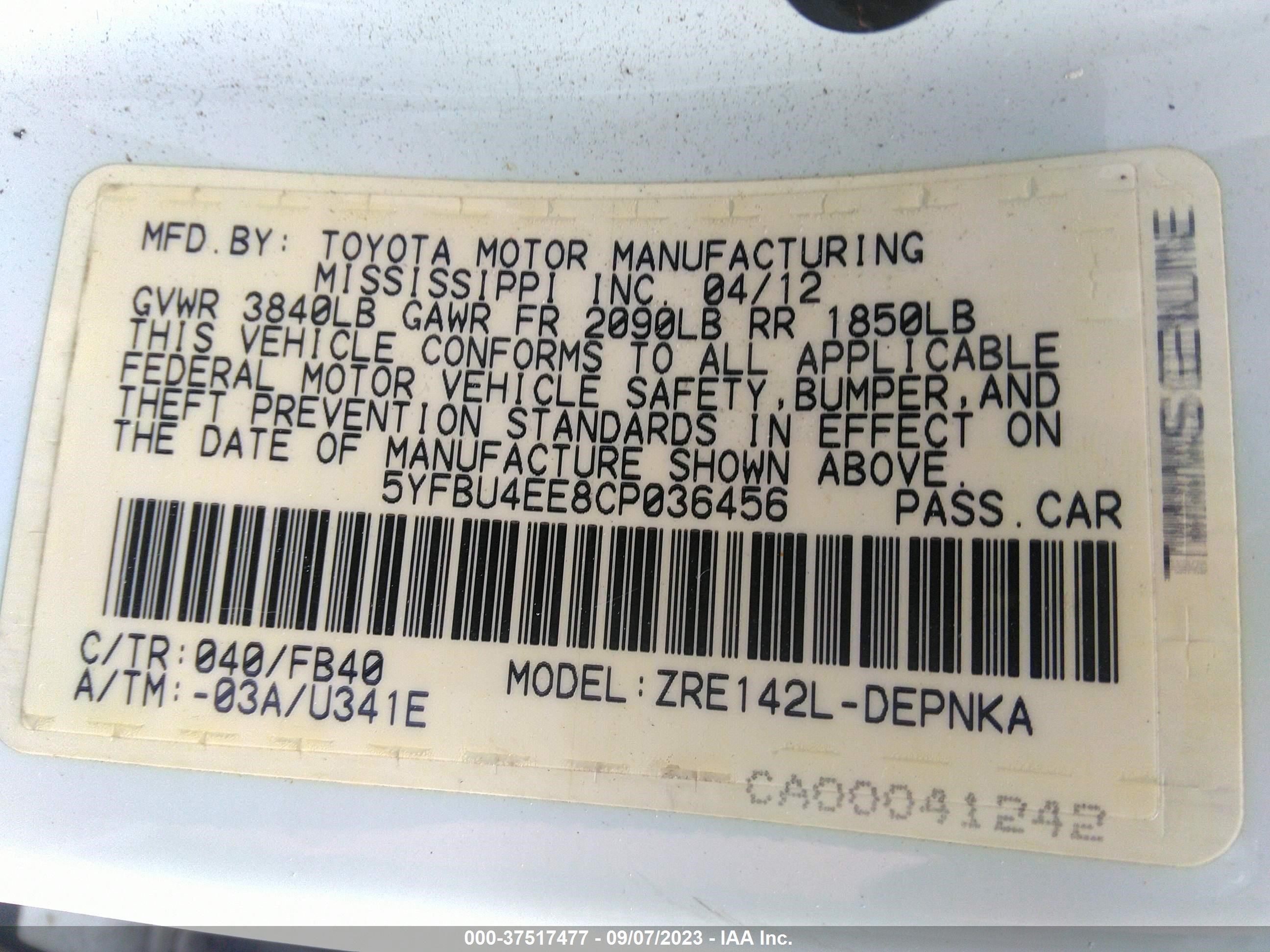 Photo 8 VIN: 5YFBU4EE8CP036456 - TOYOTA COROLLA 