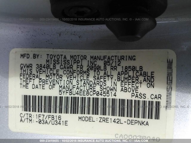 Photo 8 VIN: 5YFBU4EE8CP045514 - TOYOTA COROLLA 