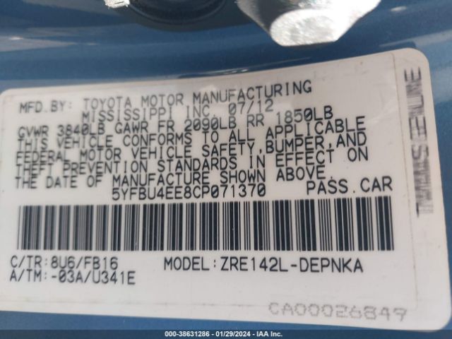 Photo 8 VIN: 5YFBU4EE8CP071370 - TOYOTA COROLLA 