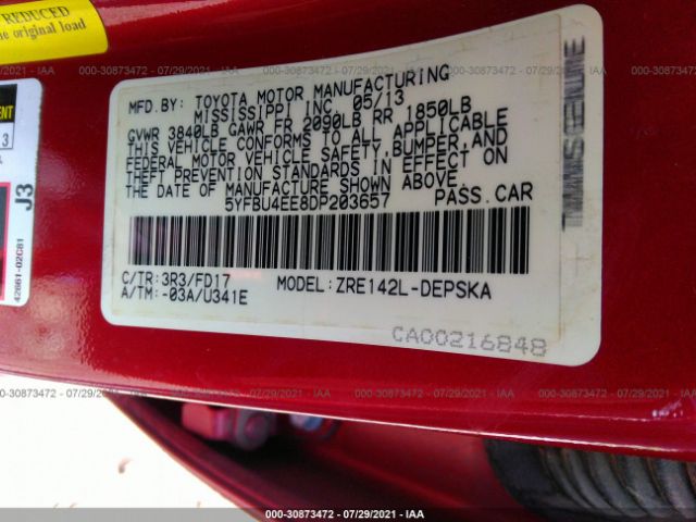 Photo 8 VIN: 5YFBU4EE8DP203657 - TOYOTA COROLLA 