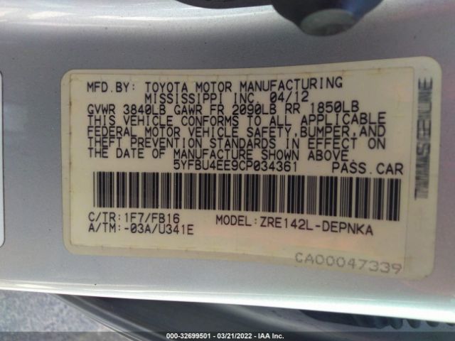 Photo 8 VIN: 5YFBU4EE9CP034361 - TOYOTA COROLLA 