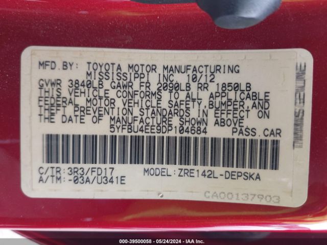 Photo 8 VIN: 5YFBU4EE9DP104684 - TOYOTA COROLLA 