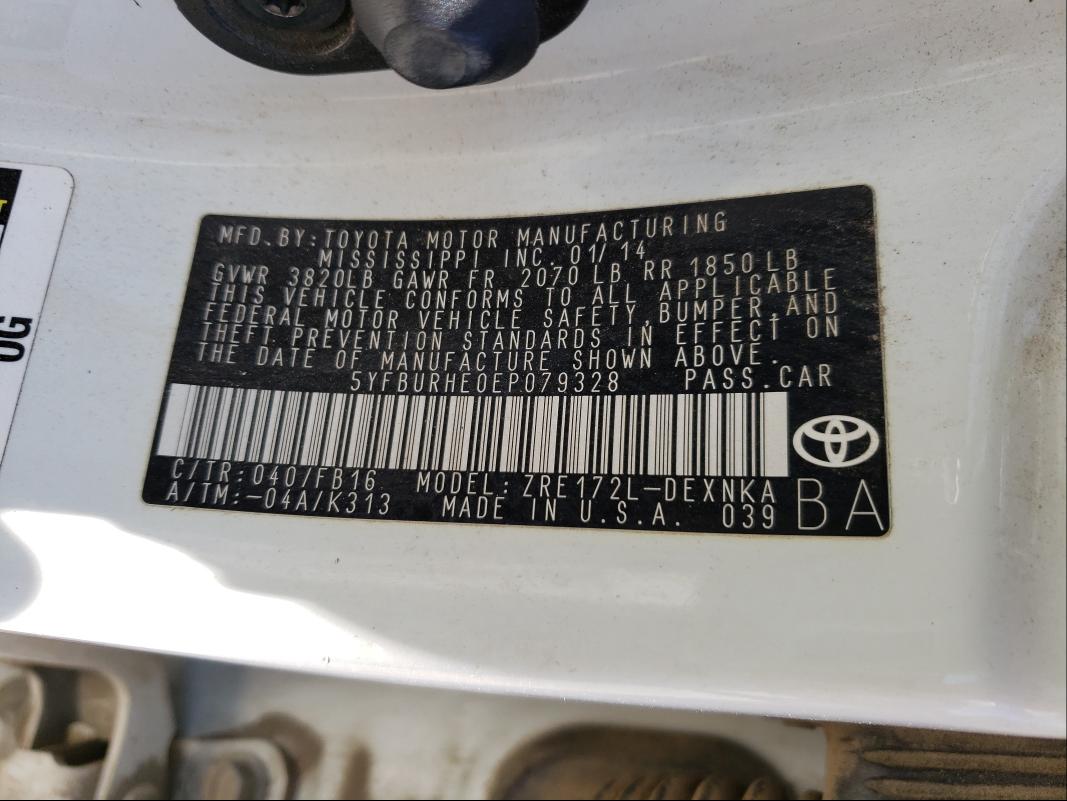 Photo 9 VIN: 5YFBURHE0EP079328 - TOYOTA COROLLA L 