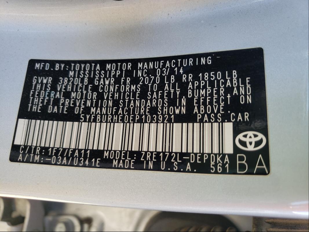 Photo 9 VIN: 5YFBURHE0EP103921 - TOYOTA COROLLA L 